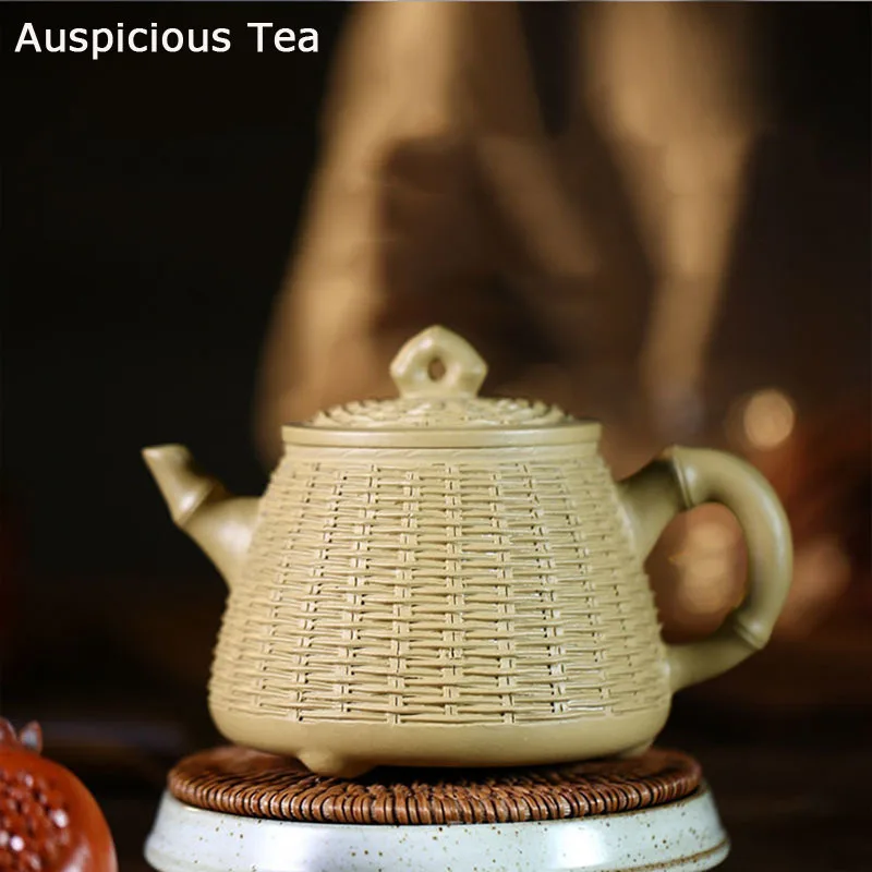 

430ml Authentic Yixing Raw Ore Duan Mud Handmade Bamboo Weaving High Stone Spoon Purple Clay Teapot Household Kungfu Teaset Gift