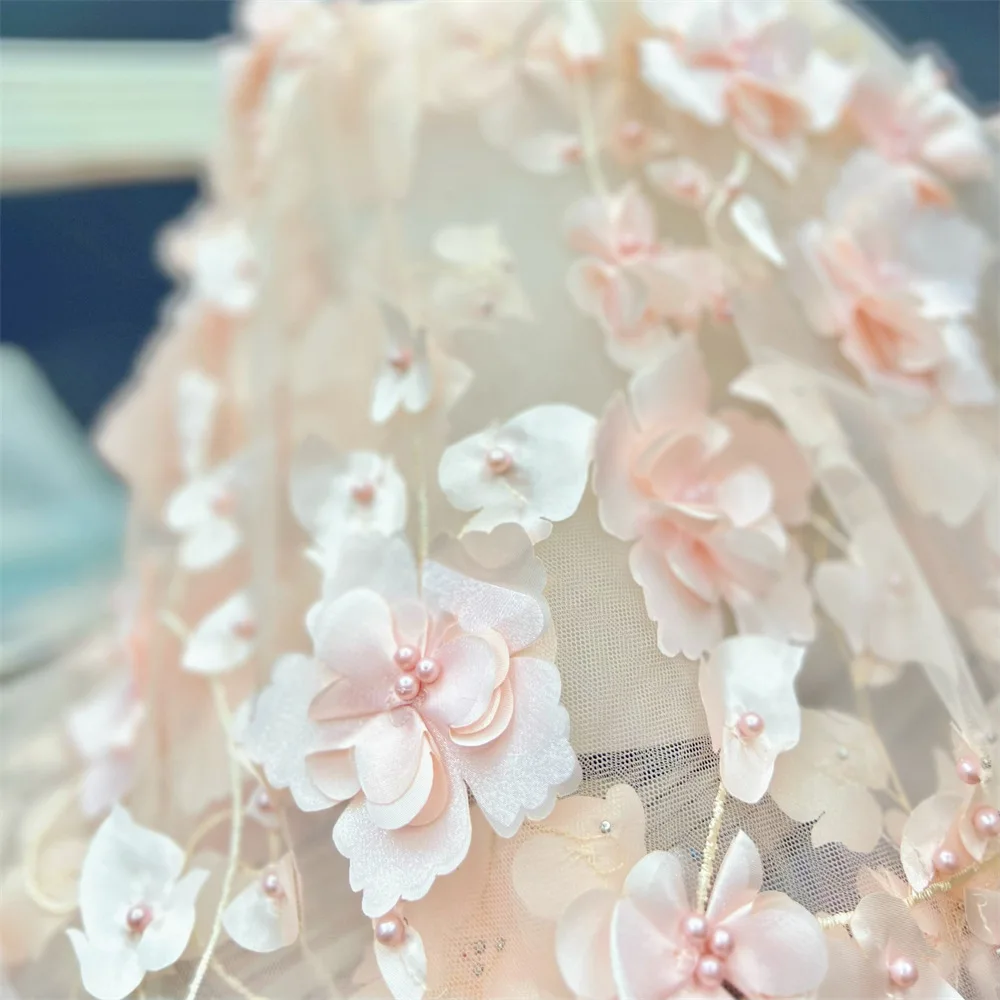 3D Flower Tulle Embroidery Fabric Nail Bead Heavy Industry Wedding
