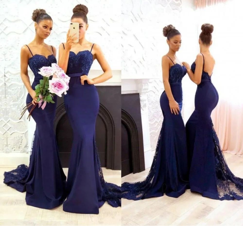 

Sexy Royal Blue Spaghetti Mermaid Bridesmaid Dresses Floor-Length Sweep Train Beaded Applique Lace Satin long Backless Plus Size