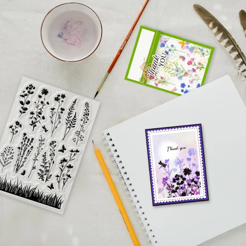Clear Stamps 1 pc Wildflower Meadow Silhouette Vintage Flowers Plants 6.3x4.33inch