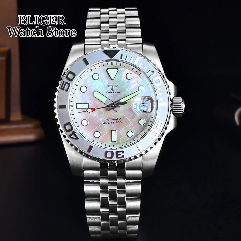 Luxury 200M Waterproof Tandorio Splice Shell Surface Dial Sapphire Luminous NH35A Diving Men Watch Ceramic Insert Steel Bracelet