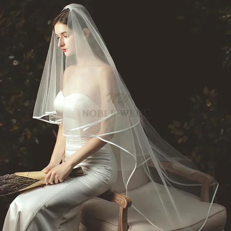 Wedding Veil Short Tulle Ribbon Edge Bridal Veils Two Layer Bride Veils Customized 2T bridal veil