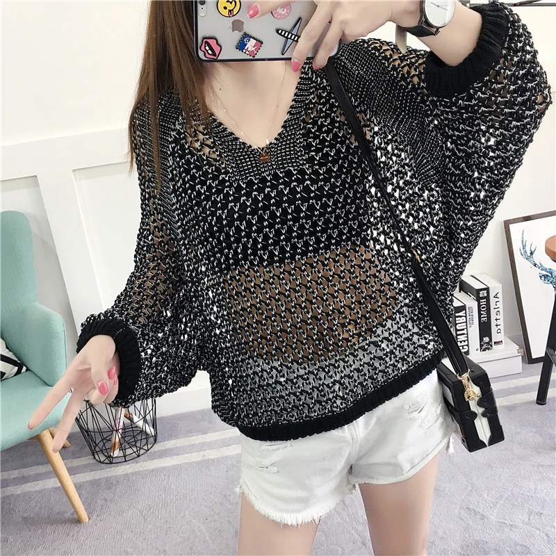 

QNPQYX Casual Loose Korean Style Women Tops Hollow O-neck Long Sleeve Jumper Ladies Pullover Casual Casual Female Knit Sweater