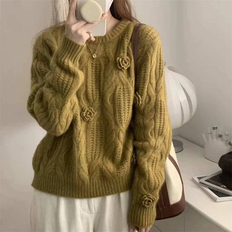Autumn Winter Knitted Rose Sweater