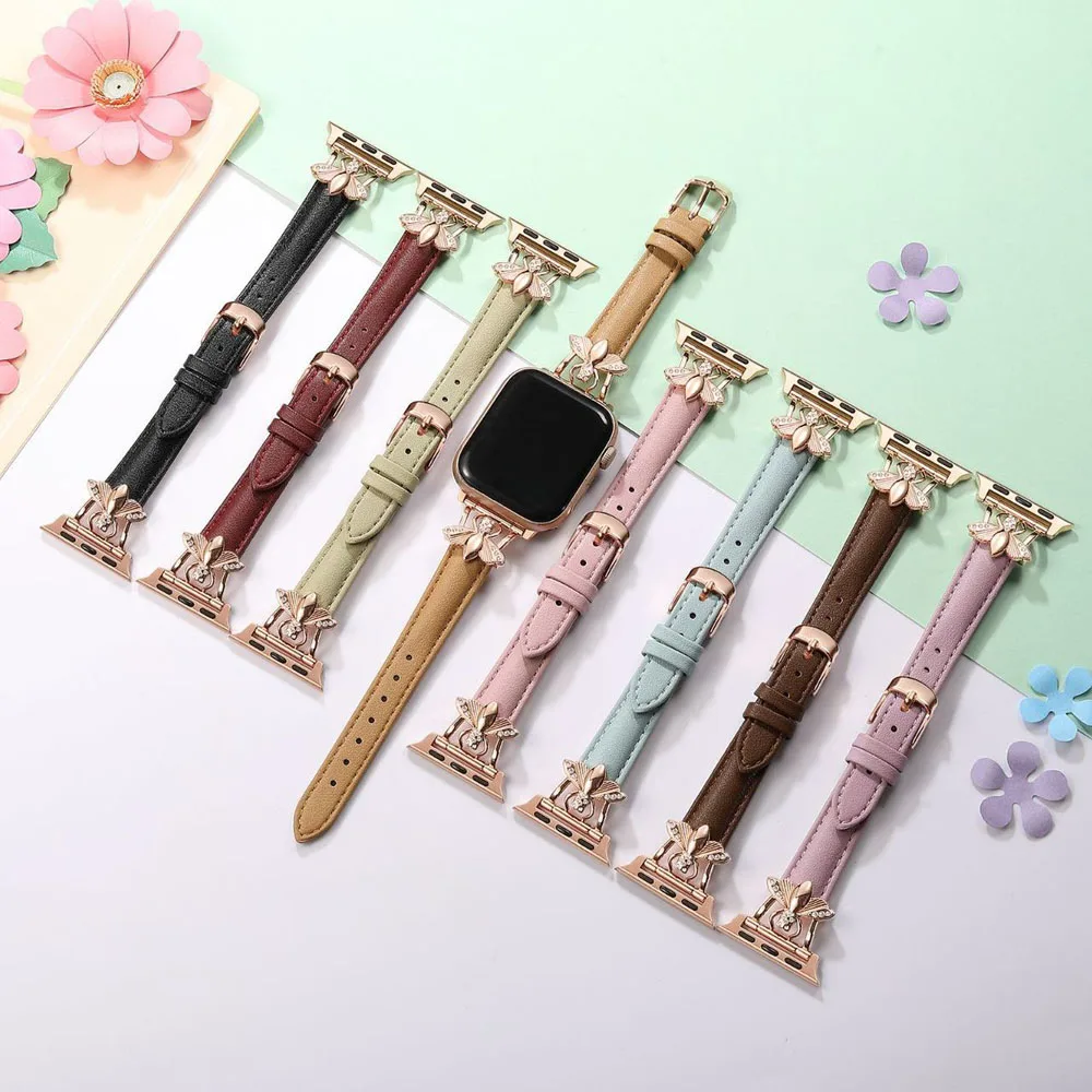 

Металлический кожаный ремешок для Apple Watch 7 6 5 4 SE, роскошный женский браслет для часов 44 мм 41 мм 40 мм 45 мм 42 мм, с пчелиным орнаментом
