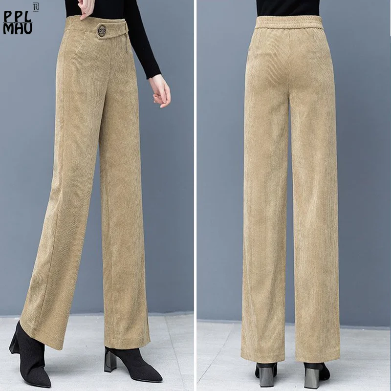 Office Work Warm Elastic High Waist Wide Leg Pant Autumn Fashion Velvet Baggy Pantalon Elegant Winter Thick Corduroy Pants Women