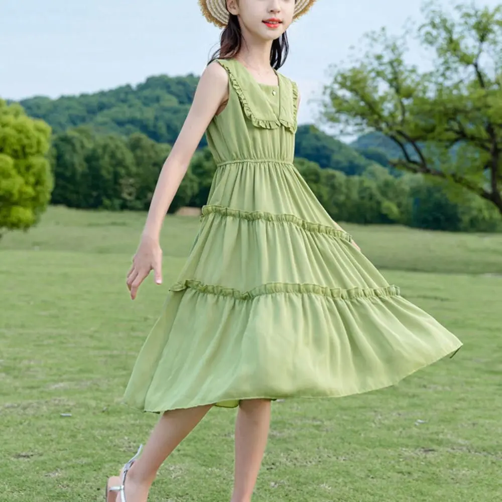 Fashion Doll Collar Girls Princess Dress Teens Party Summer Cake Dress Sweet Beach Vacation Children Long Dress Summer