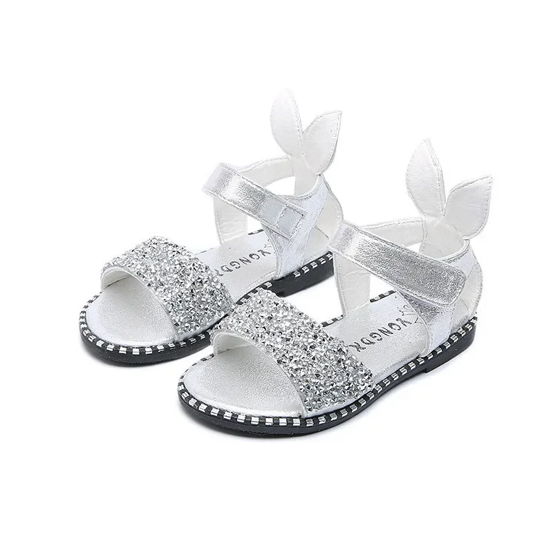 Baby Girl Sandals Fashion Bling Shiny Rhinestone Girls Shoes With Rabbit Ear Kids Flat Sandals 13-22CM