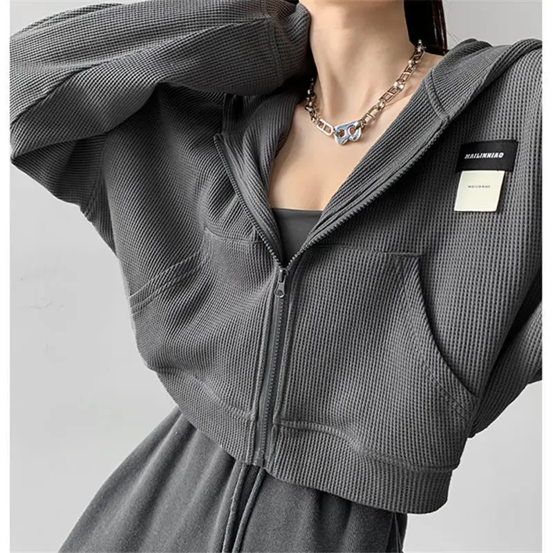 Deeptown Harajuku Women Sweatshirts Korean Fashion Sportswear Female Zip Up Hoodies Vintage Streetwear Basic Casual Cropped Top