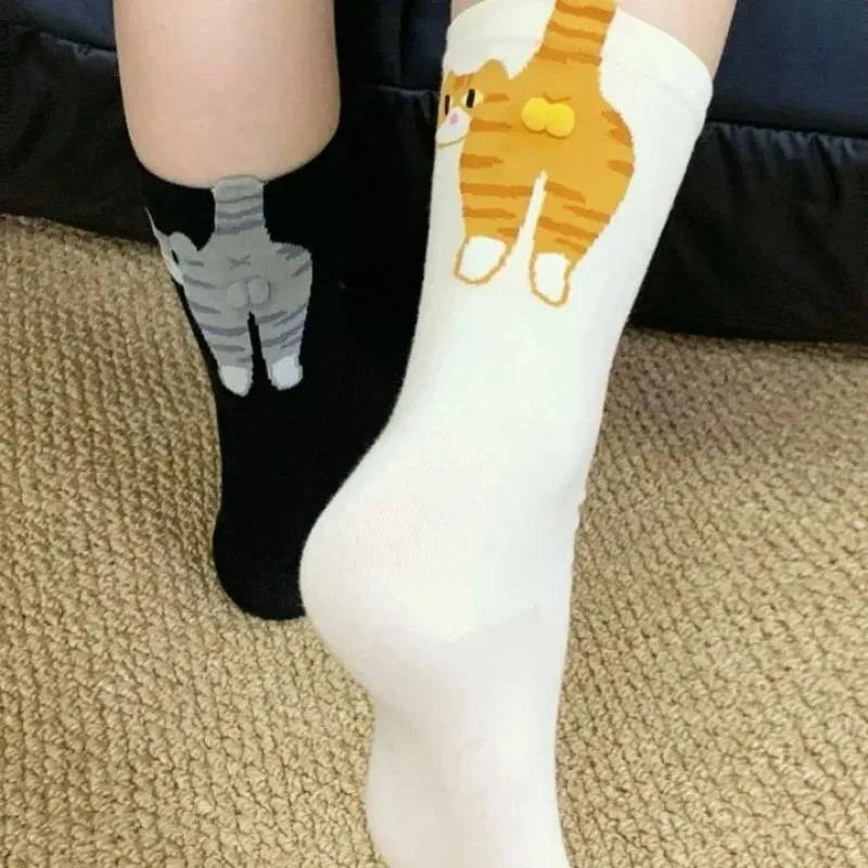 Soft Cotton Crew Socks for Women with Cartoon Cats