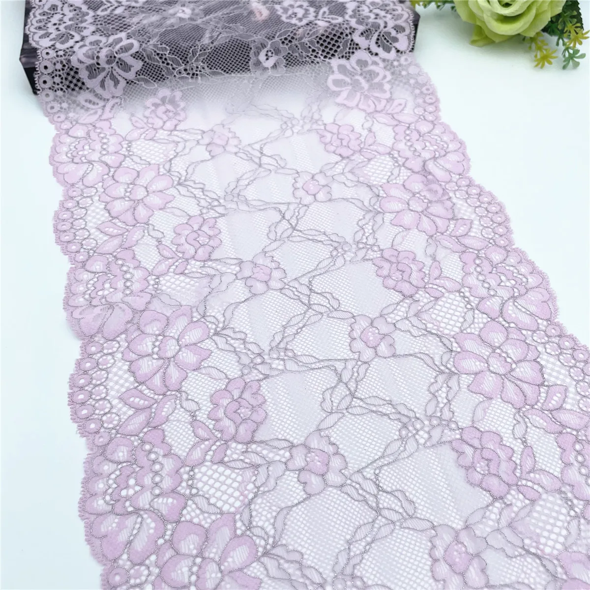 3y/lot 24cm Pale Pink Silver Stretch Lace Fabric 1