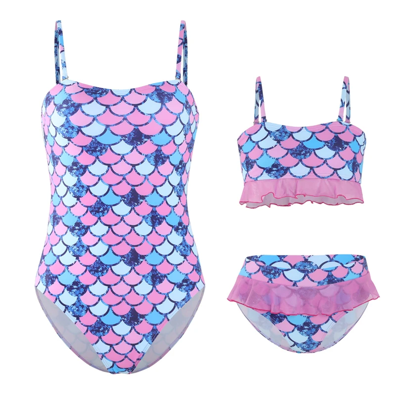 2024 Rainbow Mother Daughter Matching Swimsuits Family Set Mermaid Mommy and Me Swimwear 3pcs Women Girls Bikini Dresses Clothes 5