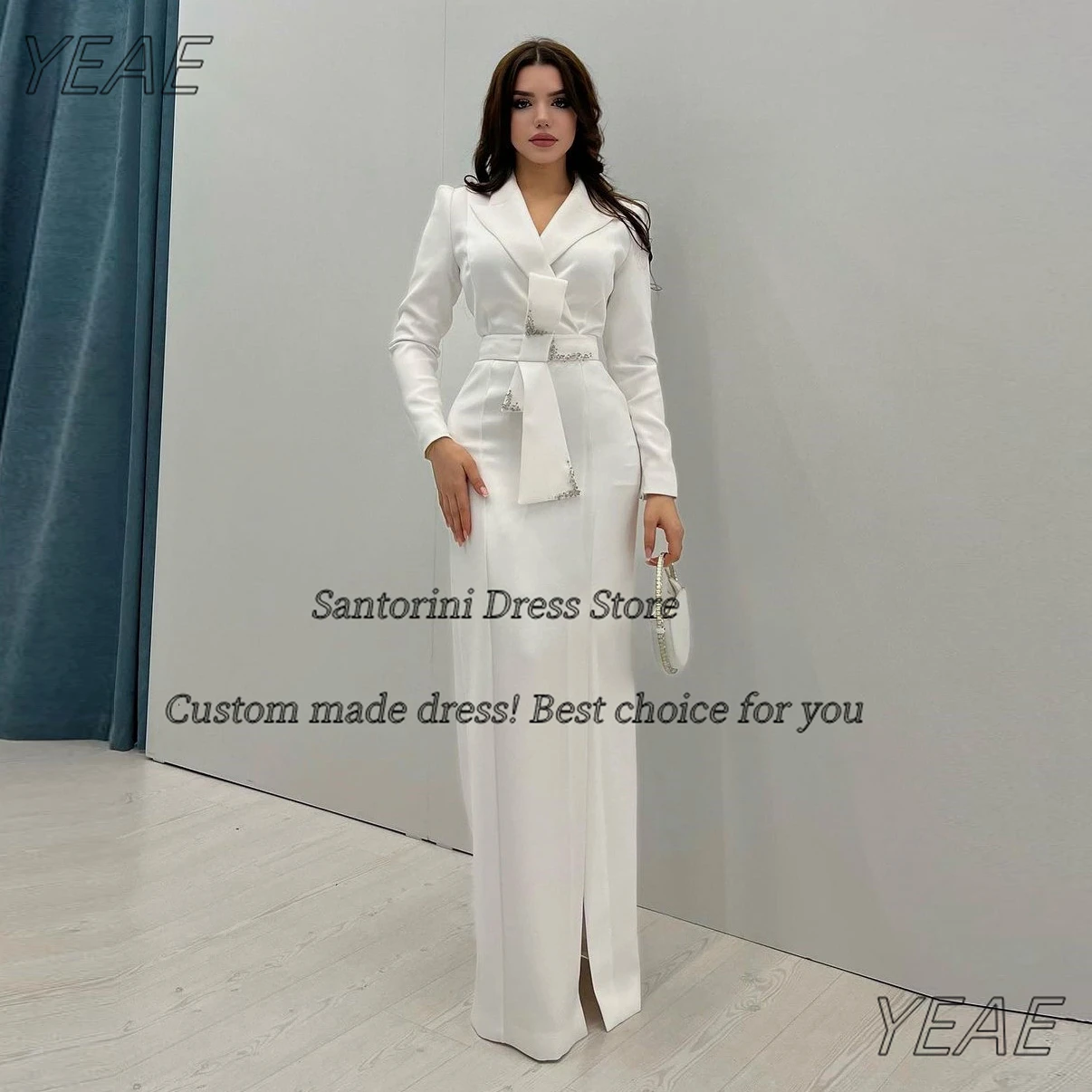 

Santorini Lapel V Neck Evening Dresses 2024 Beaded Sash Long Sleeves Prom Dress Side Slit Wedding Party Saudi Arabia Dubai Women