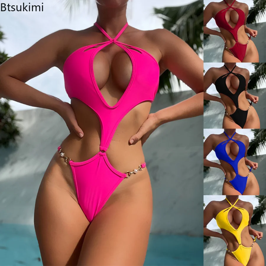 

2023 Women's Summer Swimwear One Piece Multicolor Hollow Out Swimsuits for Girls Pearl Chain Design Halter Beach Outfits Women