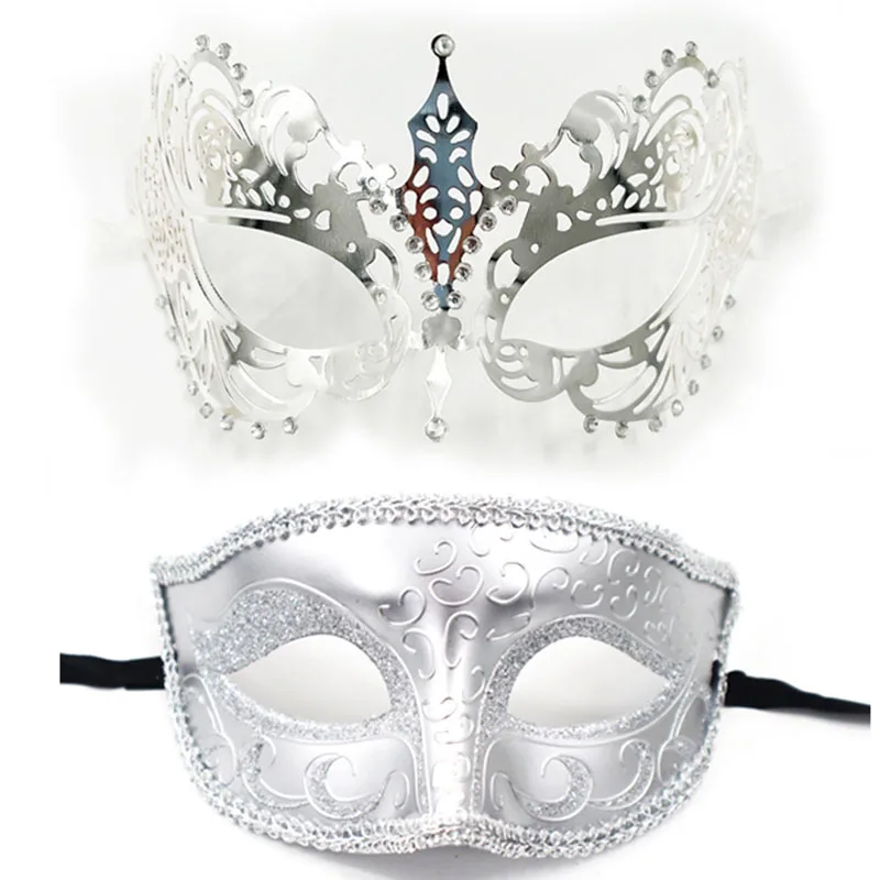 2Pcs Lace Silver Masquerade Mask for Adule Women and Men Couples