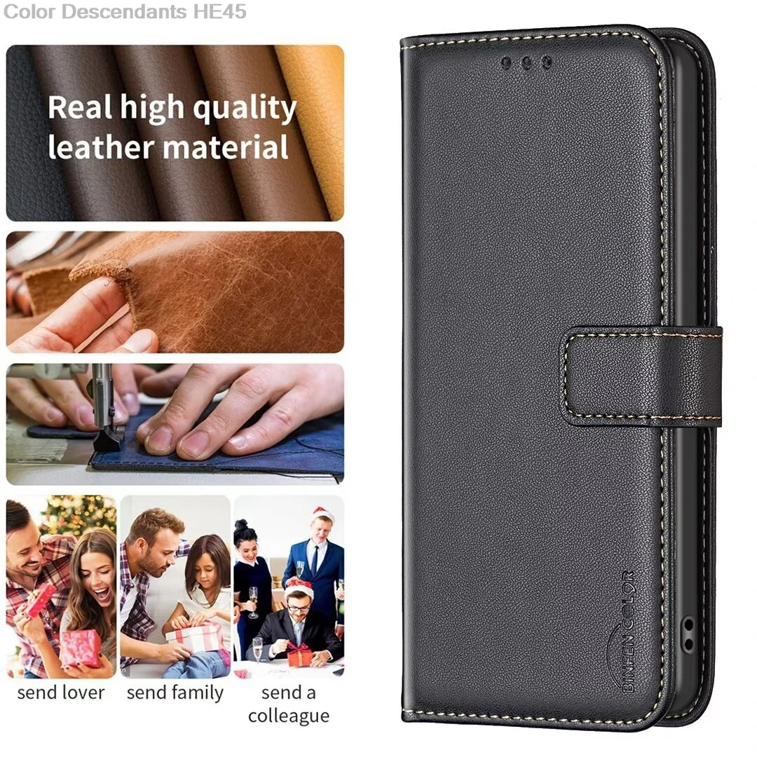 Genuine Leather Magnetic Card Holder Flip Wallet Phone Case with Stand Feature
