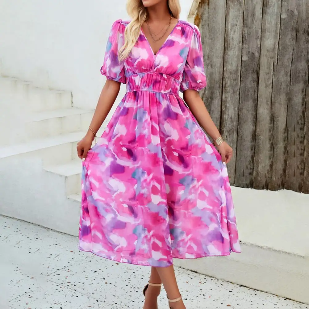 

Printed Dress Loose Fit Dress Colorful Print V Neck Midi Dress for Women High Waist Pleated A-line Vacation Beach with Loose Hem