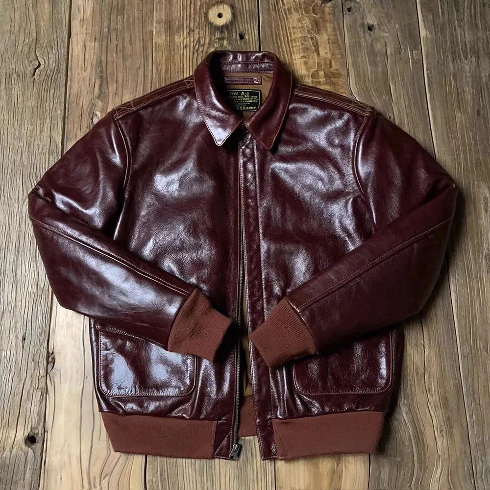 Free shipping.Classic Bomber A-2 genuine leather jacket.Mens luxury thick leather coat.quality Burgundy leather A2 jackets
