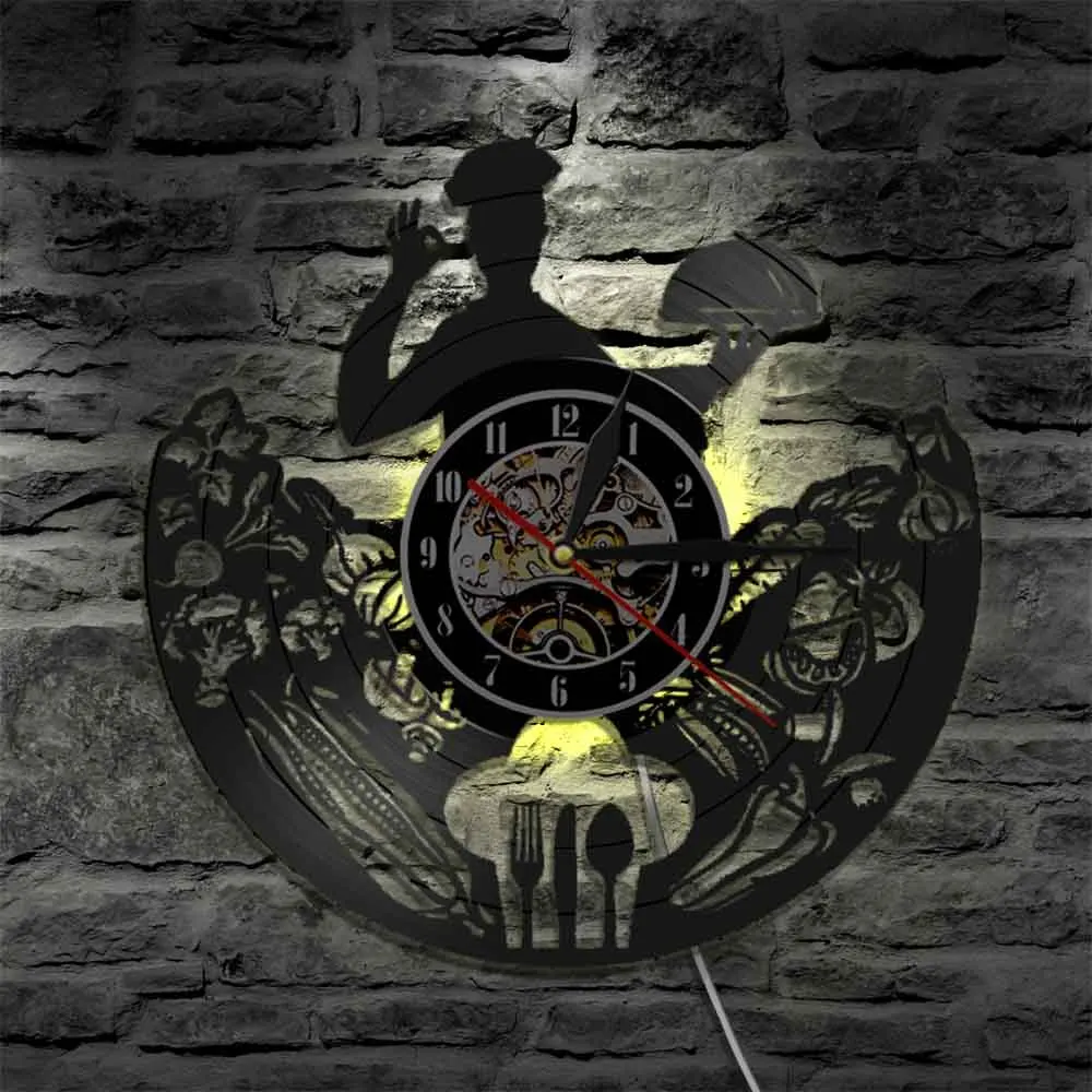 Chef Orologio Da Parete Ristorante Business Logo Decorazione Da Parete Utensili Da Cucina Cuoco Professionale Cucina Gourmet Cibo Orologio Da Record I