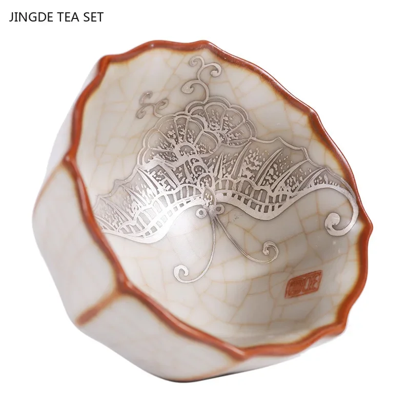 1PCS ceramic sky blue Ru kiln master cup new Chinese style tea tasting single silver hand-painted ceramic tea set