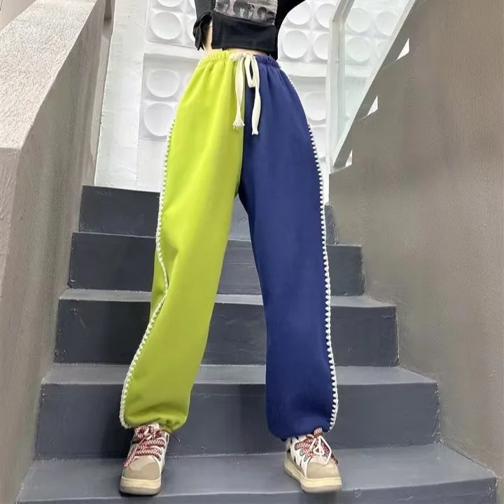 2023 Autumn/Winter New Trendy and Personalized Two tone Shake Lace and Velvet Guard Pants Casual Pants