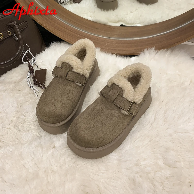 APHIXTA 2025 Camel Platform 4.5cm Thick Sole Shoes Women Winter Plush Snow Boots Woman Warm Ankle Boots Buckle Size 35-40