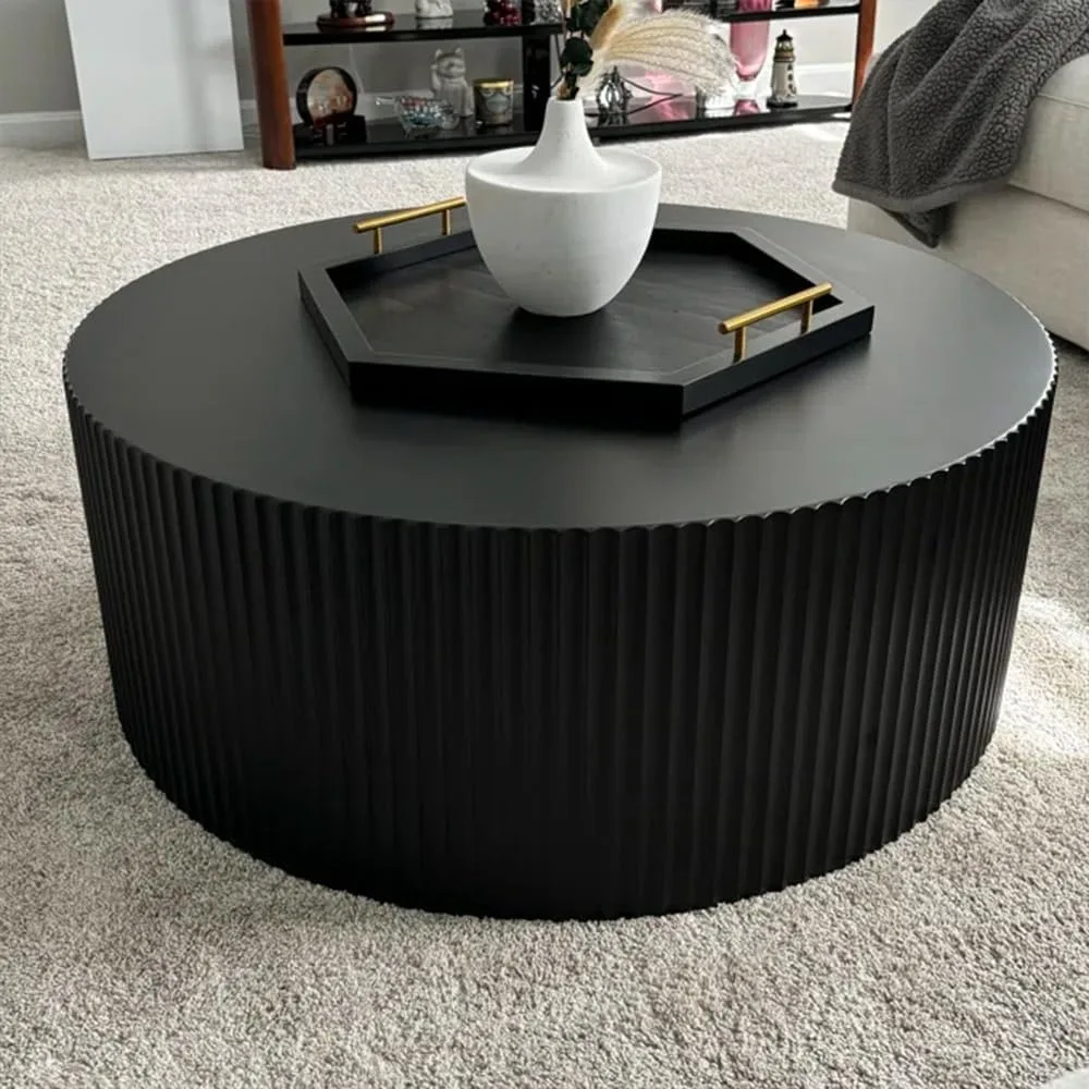 Black Round Coffee Table Modern Side Table End Table for Living Room, Wood Circle Drum Coffee Tables Contemporary Livin 3