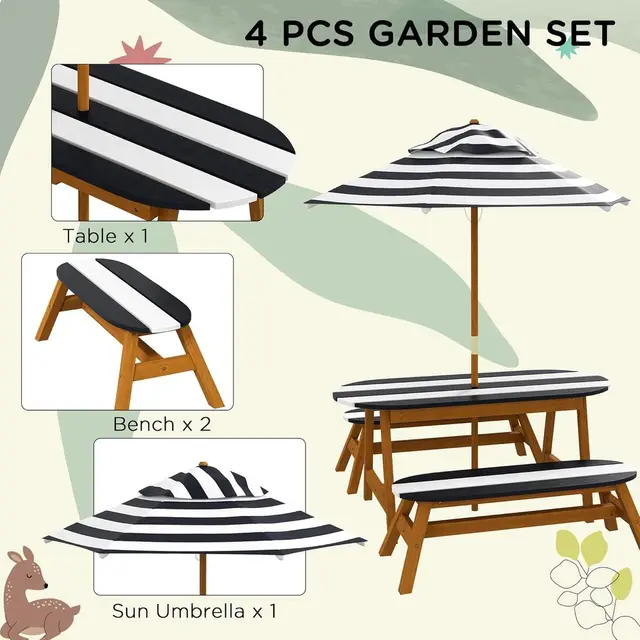 Wooden Picnic Table and Bench Set for Kids, Umbrella Included, Suitable for Ages 3-8, Outdoor/Indoor Use 4