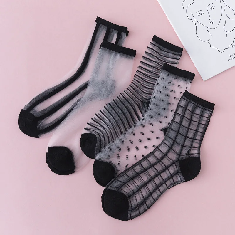 Women's Lace Socks Summer Transparent Thin Non-slip Ankle Socks 5 Pairs