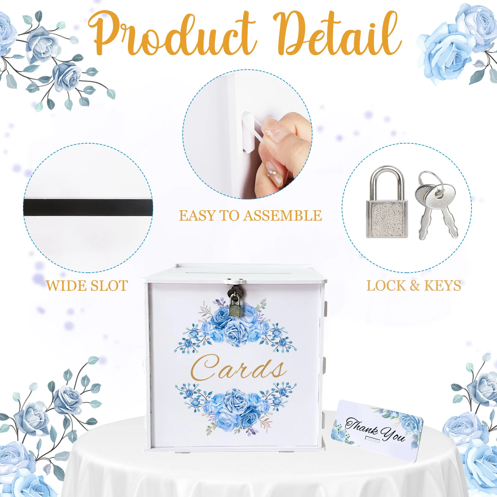 White Blue Double Flower Cluster Wedding Card Box with Lock, PVC Gift Card Box for Wedding Reception, Graduation Baby Shower