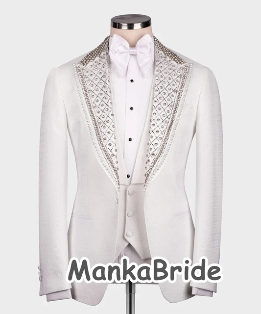 Luxury Dubai Wedding Tuxedo White Formal Groom Men Suits Slim Fit