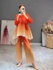 Miyake Pleated Gradient Blue Belt Sets 2022 Spring  Summer High Fashion Loose Two Piece Suits Designer Clothes 3