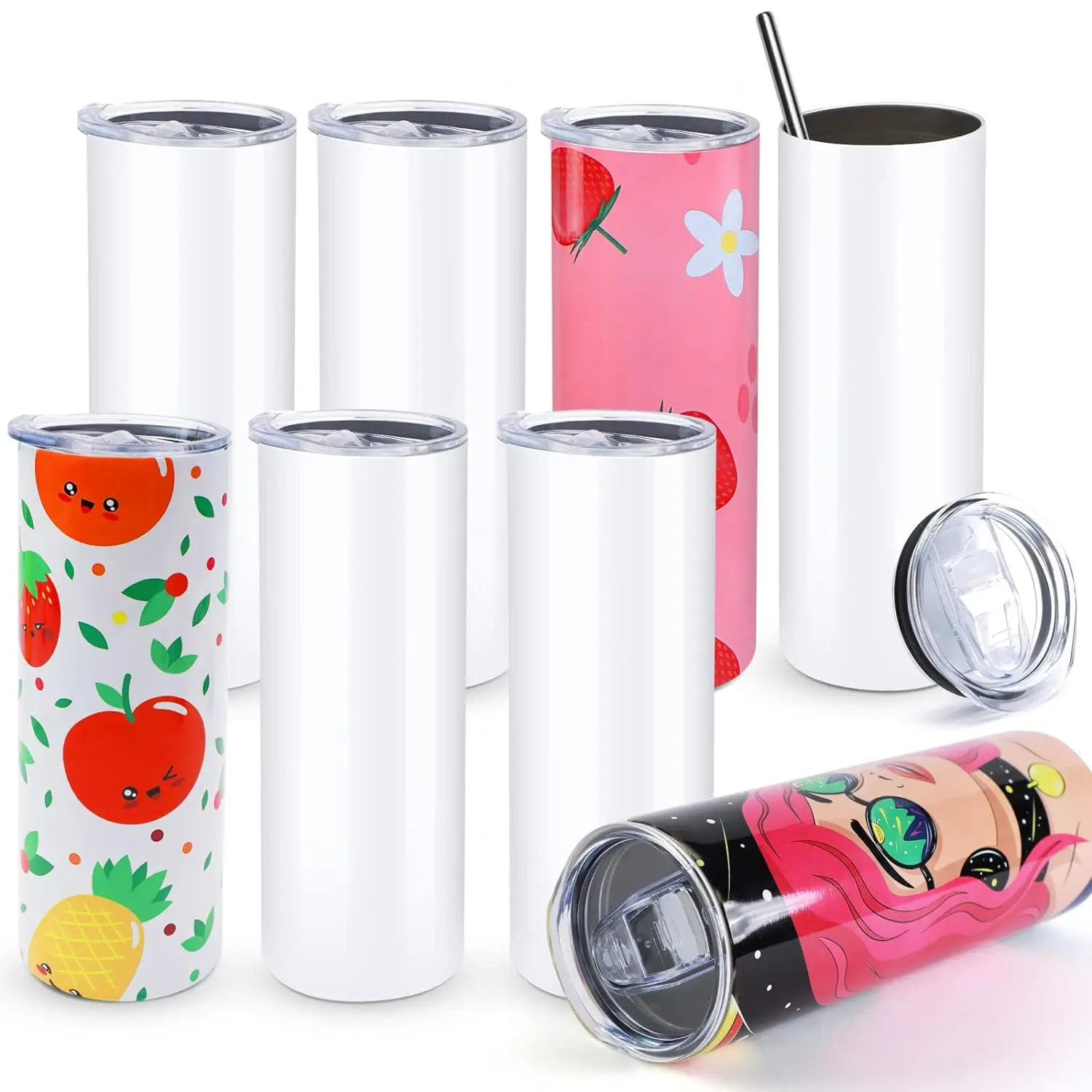 8pcs Sublimation Tumblers Bulk 20 Oz Skinny, Stainless Steel Double Wall  Insulated Straight Sublimation Tumbler Cups Blank White With Lid, Straw,  Poly