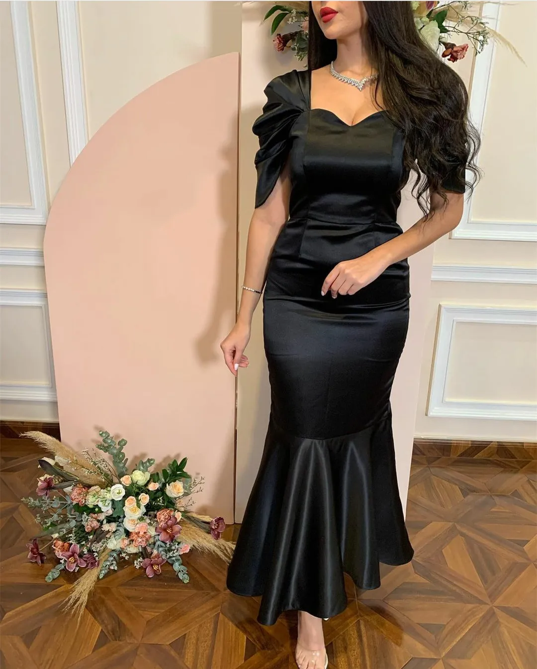

Elegant Short Black Satin Sweetheart Prom Dresses Mermaid Cap Sleeve Ankle Length Formal Occasion Evening Dress for Women