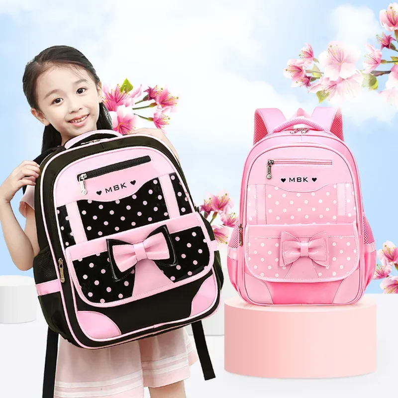 Lightweight School Backpack for Girls Kids Ages 6-12, Cute Polka Dot Bow Elementary Bookbag with Ergonomic Padded Straps 1
