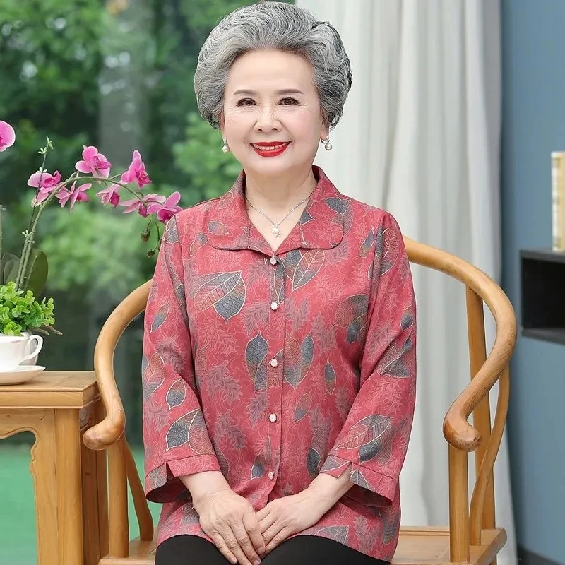 노인 가디건 블라우스 코트 2023, 3/4 소매 할머니 셔츠, 중년 여성 상의 및 바지 세트, 봄 여름 신상, 5XL