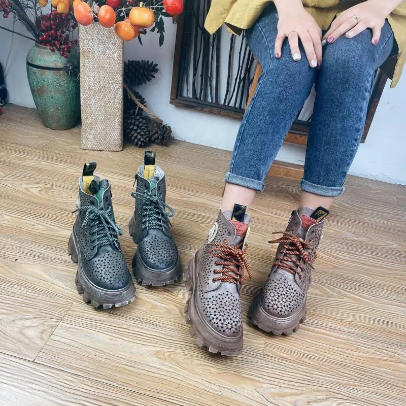 

YourSeason Ladies Genuine Leather Vintage Sandals 2022 Women Autumn Summer Zip Hollow Sewing Lace-up Leisure Platform Shoes