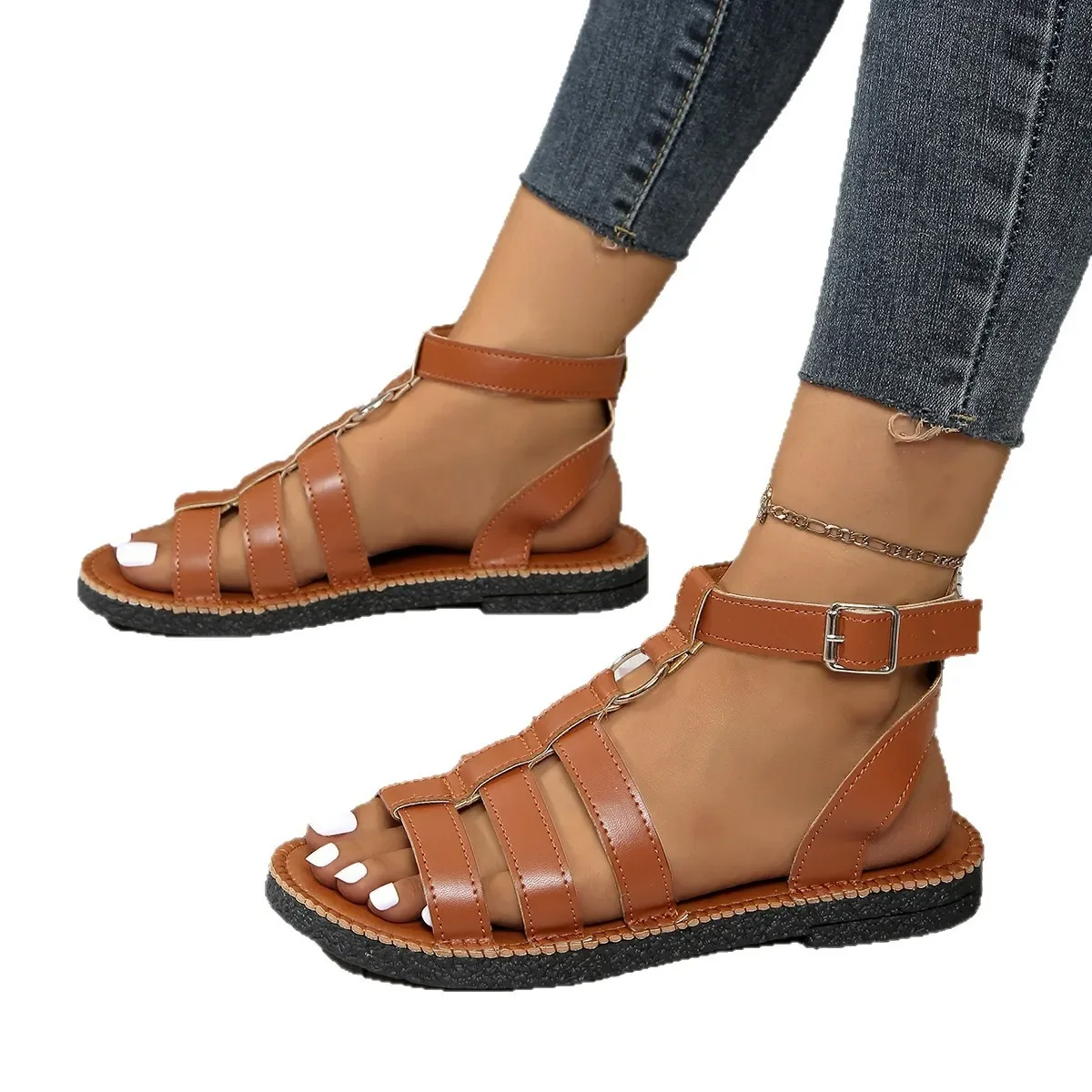 Sandals Women's 2025 Fashion Leather PU Round Toe Ankle Metal Buckle Platform Women's Shoes Handmade Flat Sandals in Summer