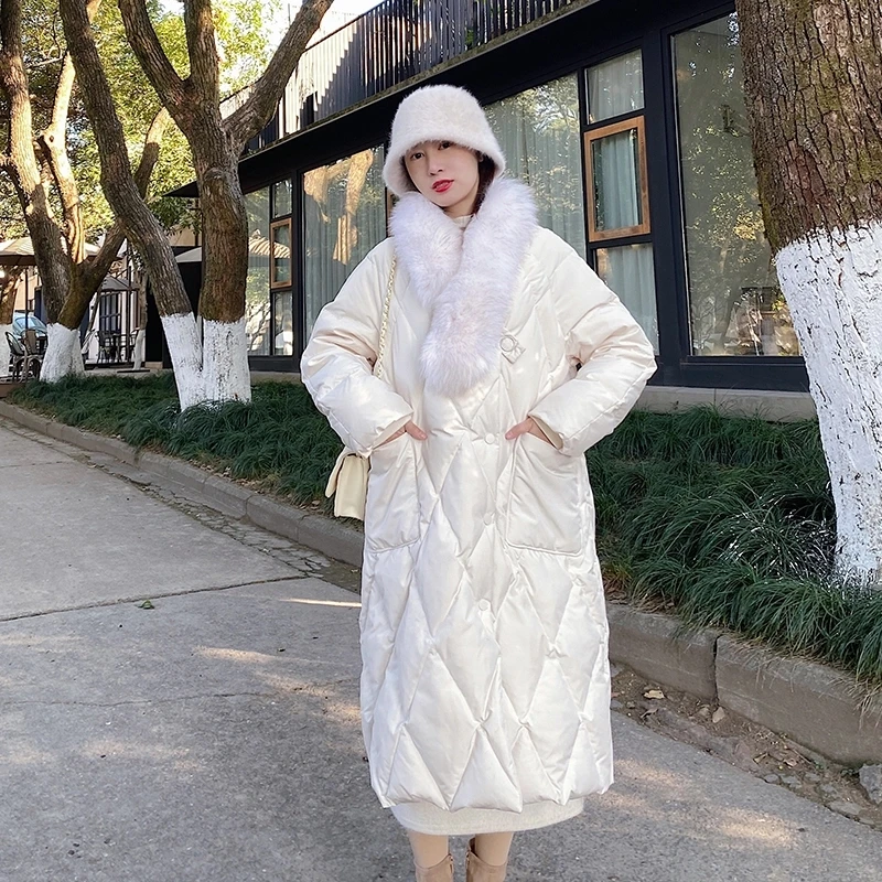 Big Fur Collar White Duck down Mid-Length Loose over Knee down Jacket for Women