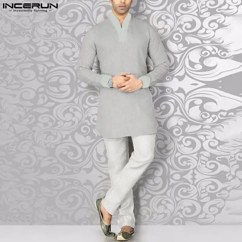 INCERUN Tops 2023 Muslim Style New Mens Hot Selling Shirts Dual Color Patchwork Design Standing Collar Long Sleeved Blouse S-5XL