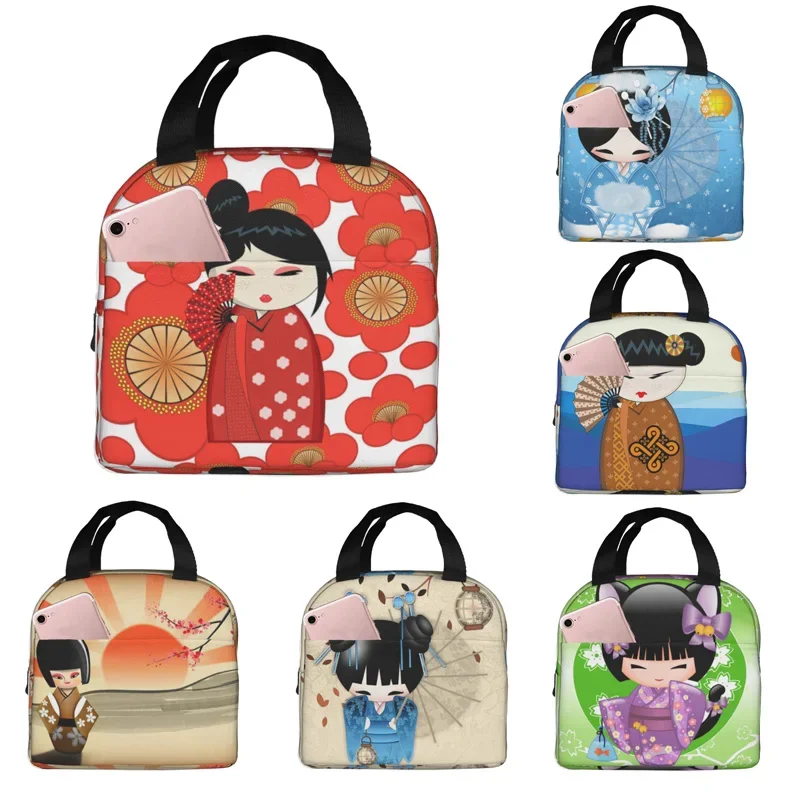 

Kokeshi Doll Cherry Blossoms Insulated Boxes Cute Japanese Dolls Girl Art Storage Food Box Cooler Thermal Lunch Bag