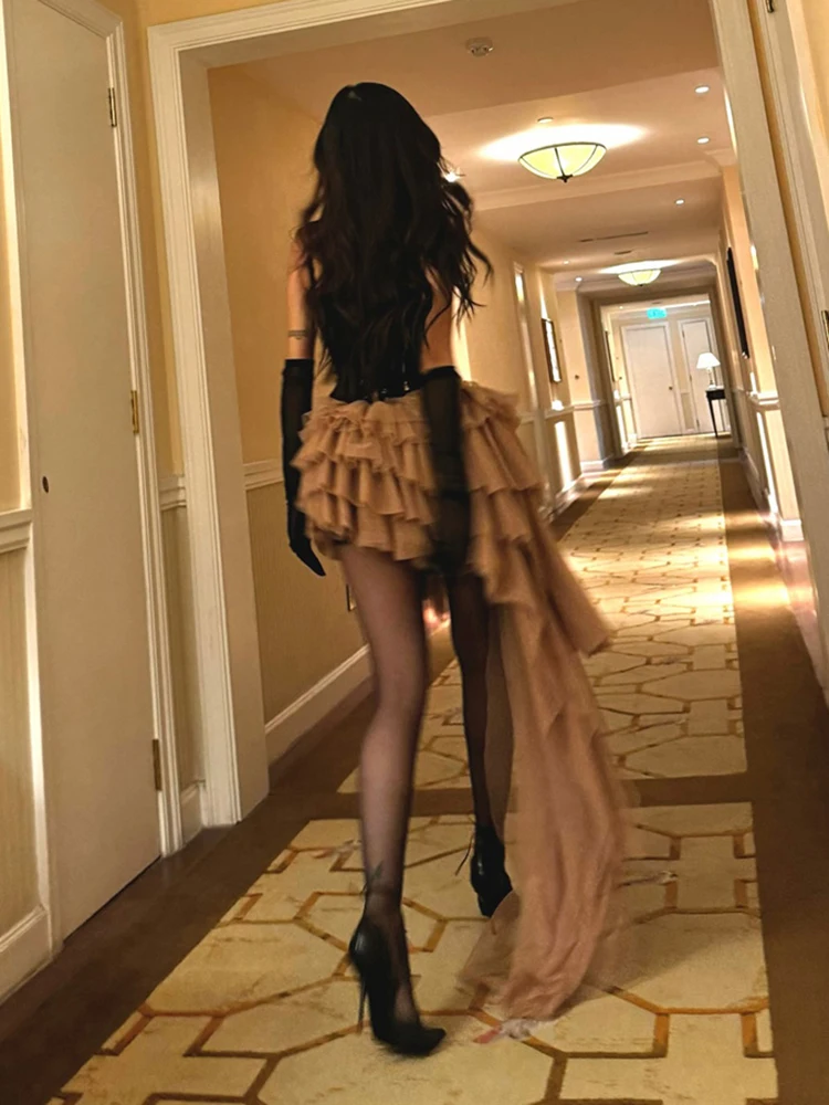 Nibber Fashion 2 Piece Set Women Jacquard Patchwork Split Vest+Mesh Ruched Tierred Irregular Hem Applique Skirt Sexy Chic Suits