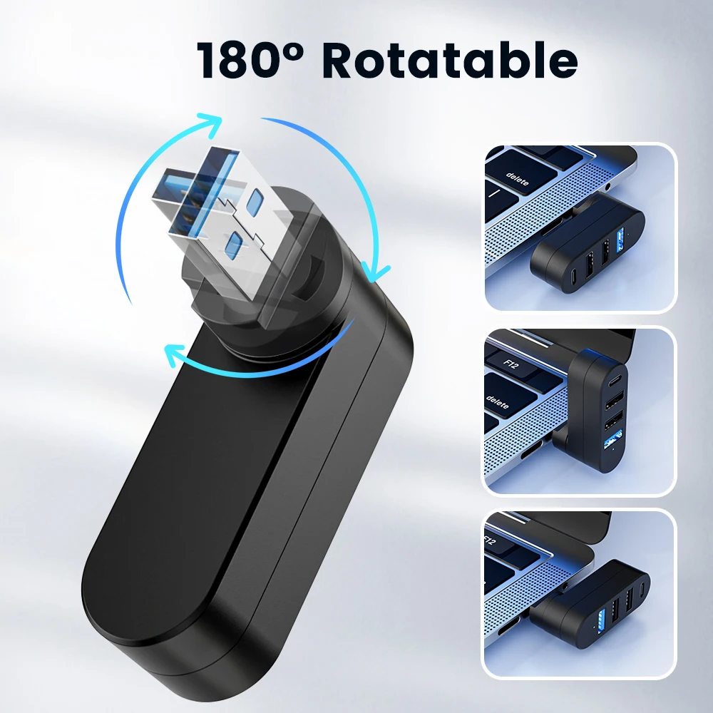 Compact Rotatable High-Speed 4-Port USB Hub Adapter