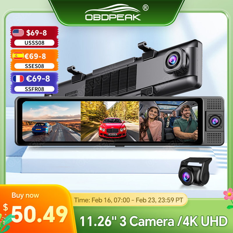 OBDPEAK 3 Camera Dash Cam 4K Car DVR Front Inside Rear 1080P GPS Tracking Night Vision Video Registrator Dashcam Parking Monitor