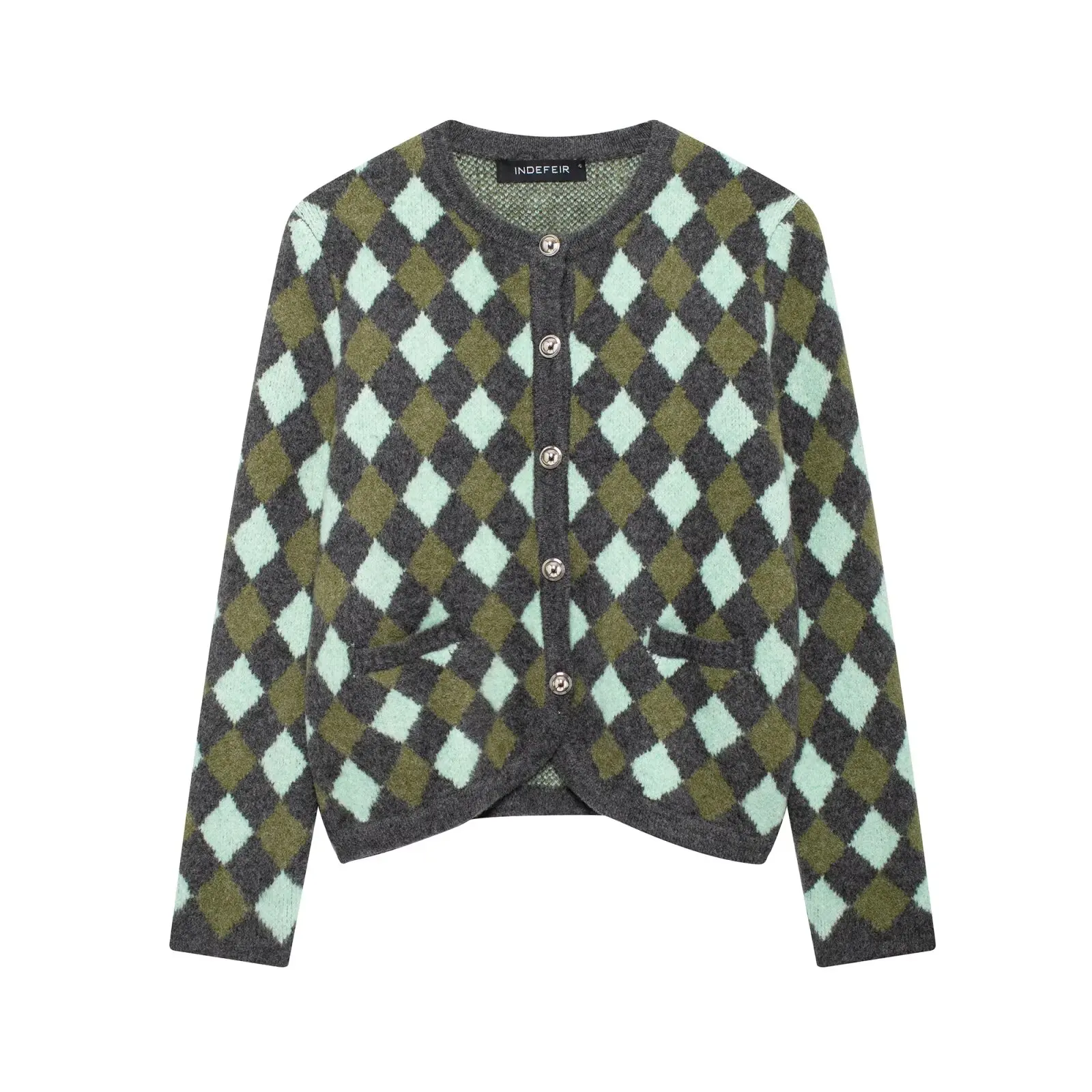 thumbnail image 1 of HH TRAF Cárdigan elegante y suave de un solo pecho para mujer, otoño, cuello redondo, manga larga, bolsillos, patrón de diamantes, chaqueta de punto para mujer, 1 of 5