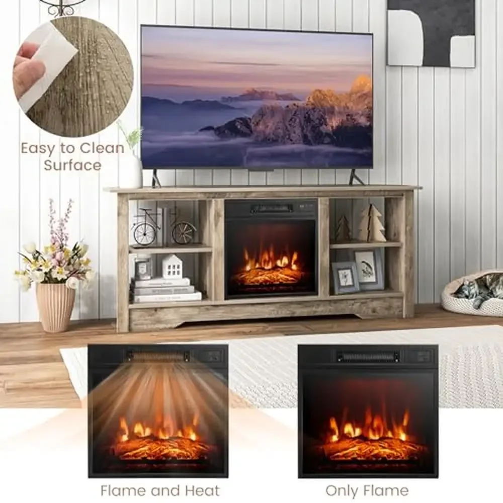 Fireplace TV Stand Entertainment Center 58" with 18" Electric Heater 1400W Remote Adjustable Brightness Storage Space Organized
