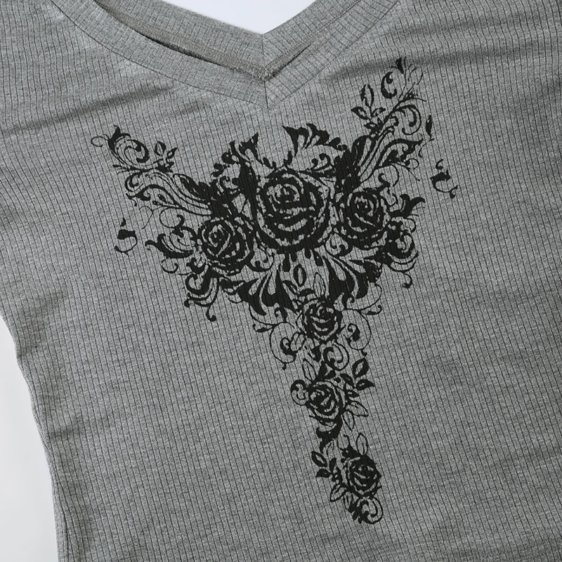 Gray Slim Y2k V-Neck T-Shirt Women Basic Print Gothic Dark Hotsweet Long Sleeve Crop Top Autumn New
