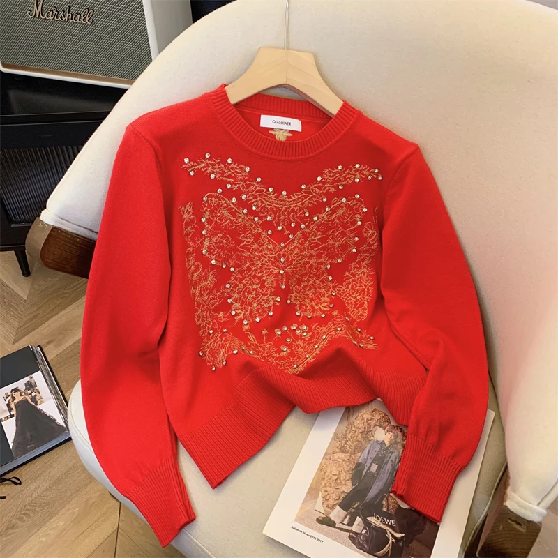 

Women's Heavy Industry Butterfly Embroidery Round Neck Knitwear Sweater Autumn Spring Long Sleeve Diamond Pullover Top X822