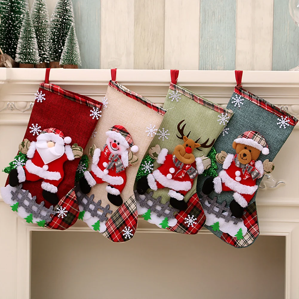 4Pcs Christmas Stockings Set Large Capacity Christmas Ornament Sock Plush Santa Claus/Snowman/Bear/Elk Xmas Party Candy Gift Bag