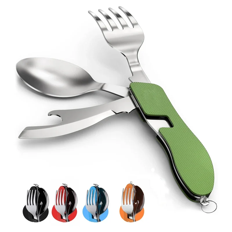 Foldable Tableware Set Camping Fork Spoon Knife 4 In 1 Foldable Tableware Set Stainless Steel Tablespoon Portable Spoon Set Bottle Opener For Outdoor